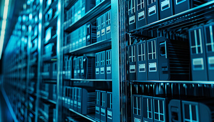 Obraz premium Digital archive. One of storage racks covered folder icons and toned in blue symbolizing keeping information digitally