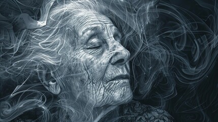 Abstract illustration of an elderly woman's face with closed eyes, surrounded by swirling lines. Digital art portrait in monochrome. Concept of wisdom and reflection. Design for poster.