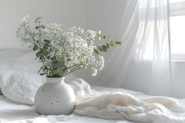 eucalyptus and gypsophila in vase in white bedroom