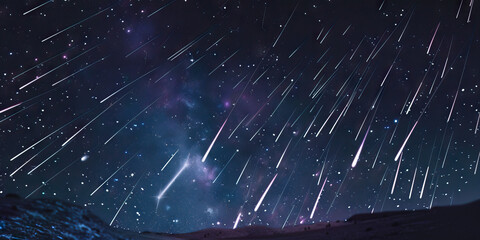 A meteor shower lights up the night as dozens of shooting stars dance across the sky.