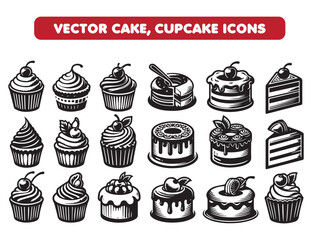 Bakery icon set of Glazed  cake, cupcake Icon Silhouette isolated on white. Vector black bakery icons collection, Dessert & bakery, Carbohydrate, Food icon set.