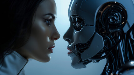 Fototapeta premium Woman Contemplating Robot Face