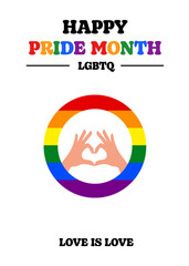Happy Pride Month June, LGBT flag in a circle heart love gesture inside the circle. Hand heart love gesture LGBT pride flag. Happy Pride Month vector design for social media, and Instagram stories.
