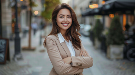 Fototapeta premium Woman Standing on City Street With Arms Crossed