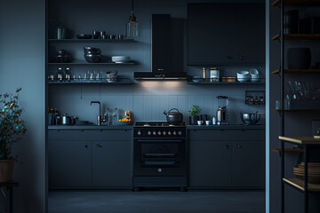 A kitchen with a black stove and a black wall
