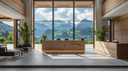 Fototapeta premium Open reception of a resort with a front desk and large window with mountain panorama
