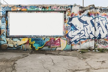 Urban graffiti-covered wall with a fresh blank billboard