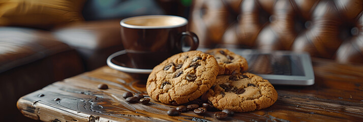 Black Coffee and Cookies with Laptop and Note,
Double chocolate cookies with chips on a bowl and coffee in cup
 - Powered by Adobe