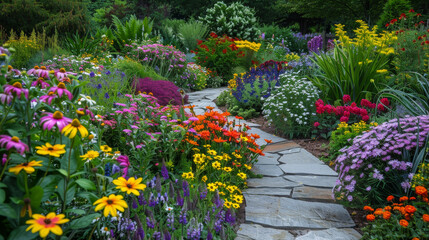 A garden path is lined with colorful flowers and plants