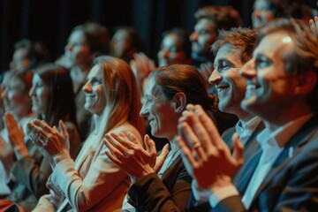 Obraz premium Applauding people. Happy satisfied audience joyfully applauding during business conference or seminar. Side view portrait of smiling men and women clapping their hands. Panoramic web banner.
