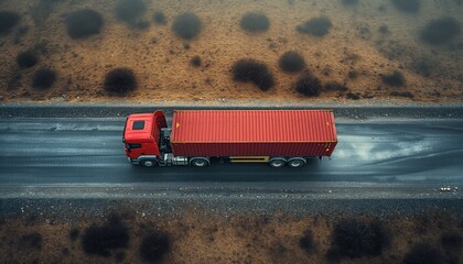 Aerial shot of red truck on desert road with trees