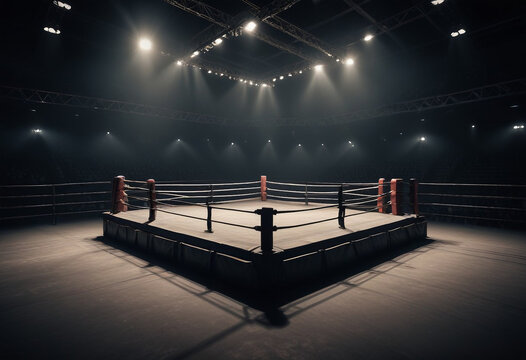 Professional boxing ring in dark empty arena, dramatic spotlight illumination on empty wrestling stage, cinematic sports stadium background for combat competition