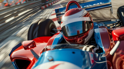 Fototapeta premium A red, blue and white race car is speeding down a track