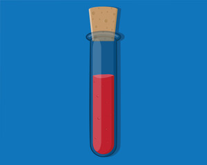 vector design of a clear glass bottle for laboratory experiments containing a red liquid on a blue background and a brown cover on top