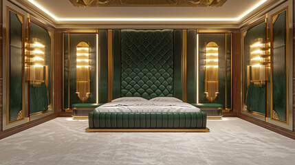Art deco master bedroom with a frontal view of a forest green leather headboard, golden art deco wall lights, and a plush white carpet.