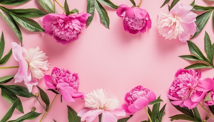 Frame made of beautiful peony flowers on pink background. Flat lay, copy space, summer flower