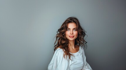 Fototapeta premium Portrait of a young woman with long wavy hair wearing a white shirt. Studio photography against a gray background. Fashion and beauty concept for design and print.