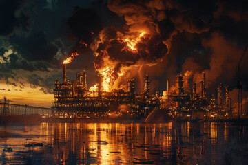 Fototapeta premium A large industrial plant is on fire, with smoke
