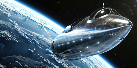 A spaceship orbits Earth, its sleek silver surface reflecting light