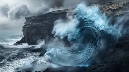 Sapphire blue smoke twisting into a giant wave, crashing against a rugged cliff under a stormy sky - Powered by Adobe