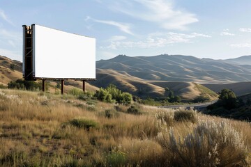 Clean white billboard against a backdrop of rolling hills