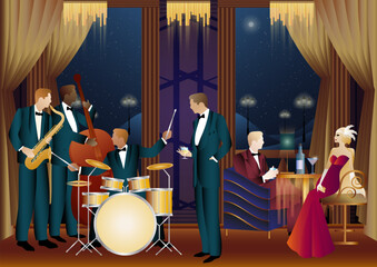 Jazz musicians in a restaurant, cafe or bar. Double bass, saxophone, drum. Musicians play musical instruments