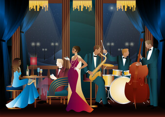 Jazz musicians in a restaurant, cafe or bar. Double bass, saxophone, drum. Musicians play musical instruments