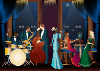 Jazz musicians in a restaurant, cafe or bar. Double bass, saxophone, drum. Musicians play musical instruments