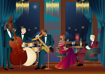 Jazz musicians in a restaurant, cafe or bar. Double bass, saxophone, drum. Musicians play musical instruments