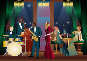 Jazz musicians in a restaurant, cafe or bar. Double bass, saxophone, drum. Musicians play musical instruments