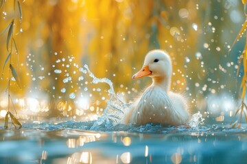 Adorable duckling splashing in a sunlit pond surrounded by gentle ripples and glowing water droplets. ideal for nature-themed prints, posters, and greeting cards.