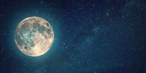 Obraz premium The stars twinkle brightly above as a full moon rises, illuminating the night with its ethereal glow