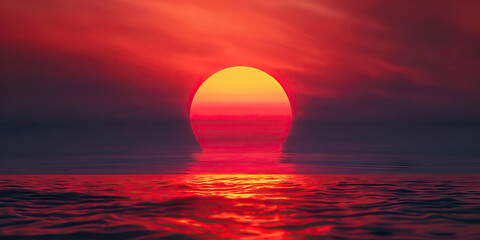 A vibrant red sun dips below the horizon, casting a warm hue across the sky. 