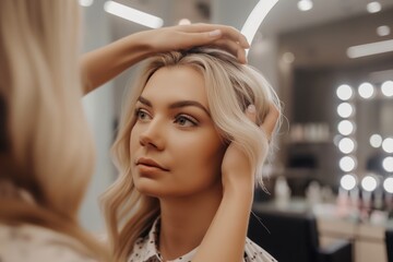 Fototapeta premium Beautiful young woman enjoying a hairstyling session at a modern salon, with a stylist perfecting her elegant wavy hairstyle, reflecting glamour and self-care in a luxurious setting