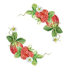Strawberry composition. Berries, leaves and flowers. Watercolor illustration isolated on white background. Juice and jam labels, packaging, cosmetics.