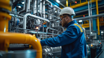 Male technician in blue uniform and safety helmet adjusting a large valve in a modern gas processing plant.