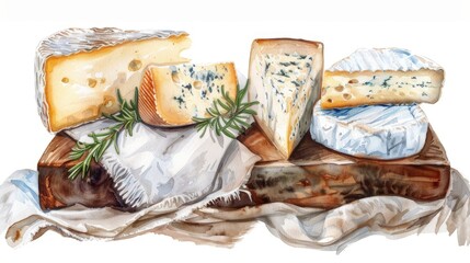 illustration of assorted cheese with rosemary on a wooden platter