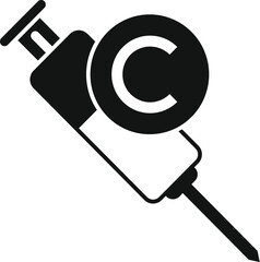 Black and white icon depicting a syringe with a copyright symbol, illustrating intellectual property protection