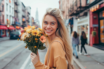 Fototapeta premium Cheerful young woman with a bouquet of bright flowers smiles beautifully as she explores the vibrant city streets, embodying joy and urban springtime charm