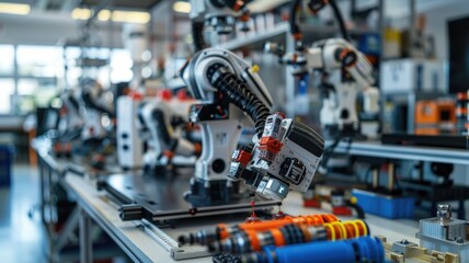 Robotics lab where focusing on robotic arms and 3D printers in soft LED lighting and neat tech workspace