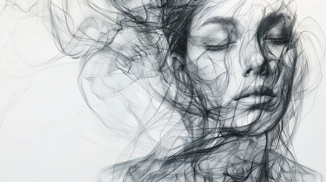 Abstract illustration of a woman's face with closed eyes, surrounded by swirling black lines. Digital art portrait in monochrome. Concept of introspection and meditation.