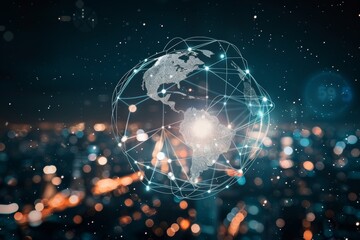 A digital globe with global network connections and a cityscape background, representing the concept of connectivity in business Generative AI