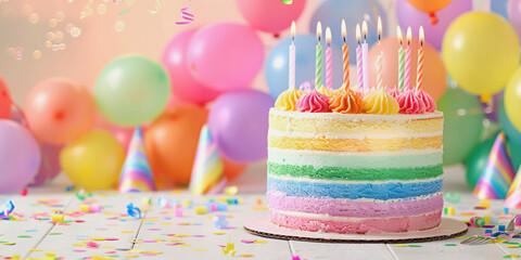 illustration of a rainbow colored cake with candles and party balloons
