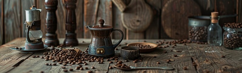 Coffee beans and a cup on a table