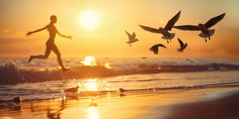 Fototapeta premium Woman and birds in summer seashore, sunset. Creative concept of freedom. A sense of freedom, liberation, peacefulness.