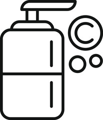 Black and white line art of a hand soap pump bottle with soap bubbles