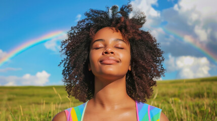 dark skinned woman in front of a peaceful landscape with a rainbow in background, woman wearing a rainbow colored shirt and seems to take a deep breath in