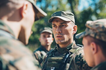 Fototapeta premium Focused soldier listens intently while surrounded by peers during a military training exercise, demonstrating teamwork and communication in a natural outdoor setting