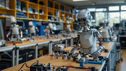 Robotics workbench where focusing on assembled robots in a neat engineering lab