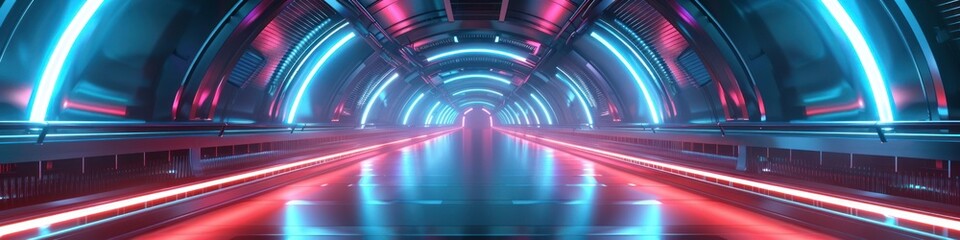 Futuristic Bridge of Luminescent Neon Pathways in a Night Urban Scene
